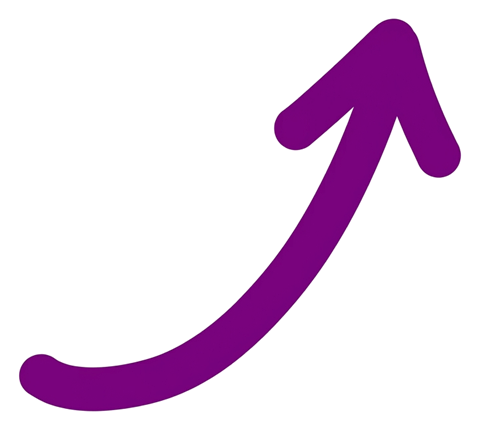 Rounded bold marker of a purple hand-drawn curved arrow, transparent background PNG