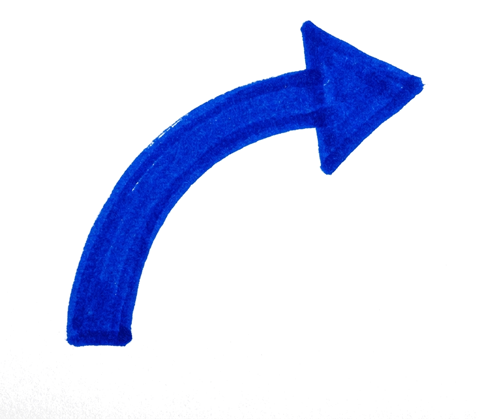 Hand-drawn marker stroke of a blue hand-drawn curved arrow, transparent background PNG