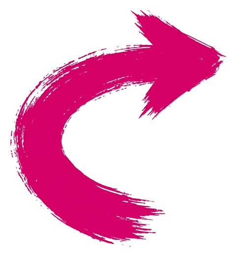 Dry brush stroke with rough edges of a pink hand-drawn curved arrow, transparent background PNG
