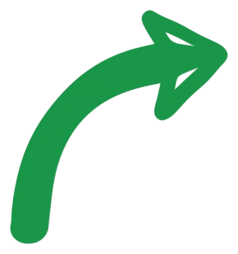 Bold flat vector style of a green hand-drawn curved arrow, transparent background PNG