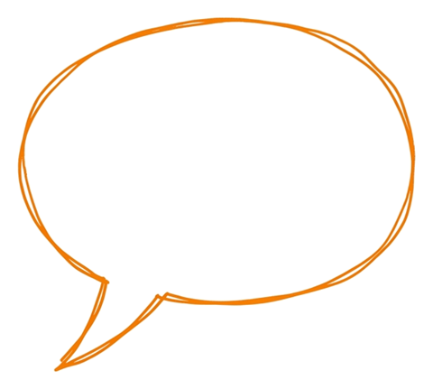 Thin pen line drawing of an orange empty hand-drawn speech bubble outline, transparent background PNG