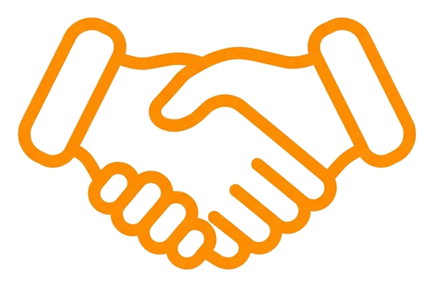 Rounded line icon, thick orange outline of a handshake partnership icon, transparent background PNG