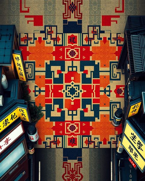 Cinematic film still of An artistic graphic pattern featuring traditional abstract geometric shapes combined with minimal calligraphy strokes., high-angle view from above, vivid colors, high contrast, energetic, 4:5 aspect ratio