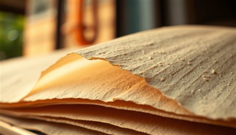 Photorealistic photo of Close-up of traditional textured Korean mulberry paper with natural plant fibers visible, close-up detail with shallow depth of field, warm golden light, calm mood, 16:9 aspect ratio