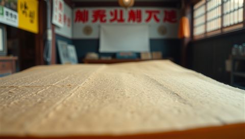 Cinematic film still of Close-up of traditional textured Korean mulberry paper with natural plant fibers visible, wide shot with open space at the top for text, vivid colors, high contrast, energetic, 16:9 aspect ratio