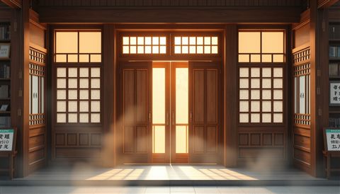 Soft 3D render of Traditional wooden sliding doors and paper windows with warm sunlight filtering inside, centered subject with a simple uncluttered composition, misty morning haze, dreamy, 16:9 aspect ratio