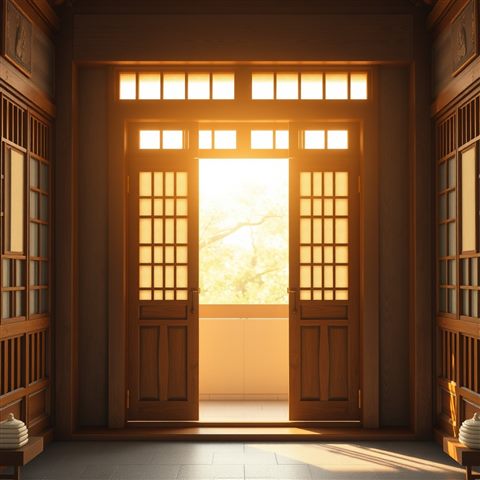 Photorealistic photo of Traditional wooden sliding doors and paper windows with warm sunlight filtering inside, wide shot with open space at the top for text, warm golden light, calm mood, 1:1 aspect ratio