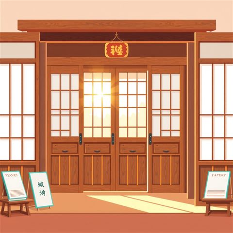 Minimal flat illustration of Traditional wooden sliding doors and paper windows with warm sunlight filtering inside, wide shot with open space at the top for text, soft pastel colors, bright and cozy, 1:1 aspect ratio