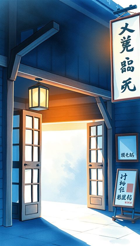 Watercolor illustration of Traditional wooden sliding doors and paper windows with warm sunlight filtering inside, close-up detail with shallow depth of field, cool blue tones, quiet atmosphere, 9:16 aspect ratio