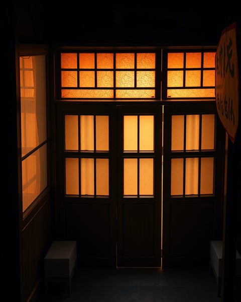 Photorealistic photo of Traditional wooden sliding doors and paper windows with warm sunlight filtering inside, high-angle view from above, moody dark tones, dramatic lighting, 4:5 aspect ratio