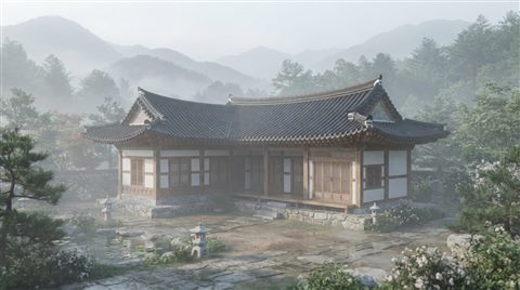 Soft 3D render of a traditional Korean hanok house with curved tiled roofs and a courtyard, centered subject with a simple uncluttered composition, misty morning haze, dreamy, 16:9 aspect ratio
