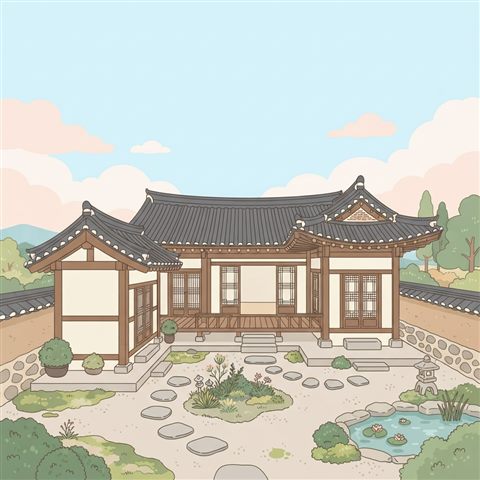 Minimal flat illustration of a traditional Korean hanok house with curved tiled roofs and a courtyard, wide shot with open space at the top for text, soft pastel colors, bright and cozy, 1:1 aspect ratio