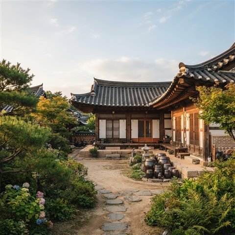 Photorealistic photo of a traditional Korean hanok house with curved tiled roofs and a courtyard, wide shot with open space at the top for text, warm golden light, calm mood, 1:1 aspect ratio