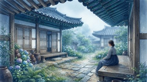 Watercolor illustration of a traditional Korean hanok house with curved tiled roofs and a courtyard, close-up detail with shallow depth of field, cool blue tones, quiet atmosphere, 16:9 aspect ratio
