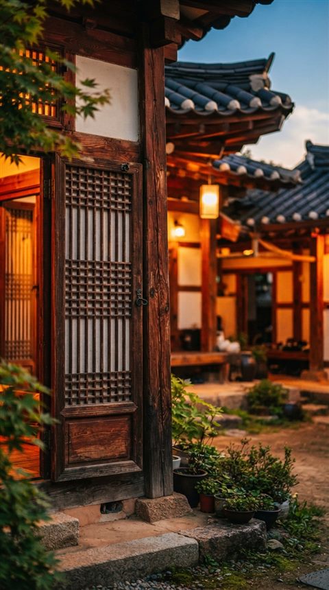 Cinematic film still of a traditional Korean hanok house with curved tiled roofs and a courtyard, close-up detail with shallow depth of field, vivid colors, high contrast, energetic, 9:16 aspect ratio