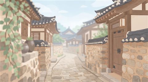 Minimal flat illustration of a quiet hanok village alley with stone walls and tiled roofs, close-up detail with shallow depth of field, soft pastel colors, bright and cozy, 16:9 aspect ratio