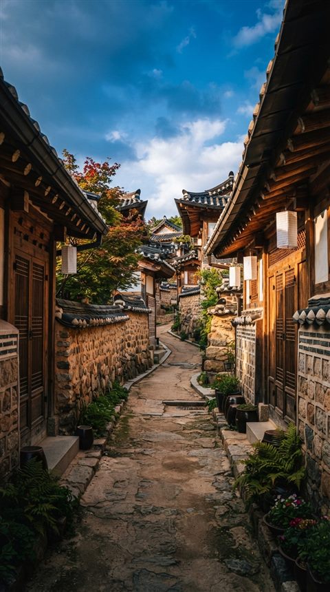 Cinematic film still of a quiet hanok village alley with stone walls and tiled roofs, wide shot with open space at the top for text, vivid colors, high contrast, energetic, 9:16 aspect ratio