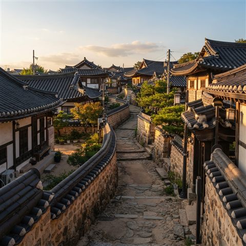 Photorealistic photo of a quiet hanok village alley with stone walls and tiled roofs, high-angle view from above, warm golden light, calm mood, 1:1 aspect ratio