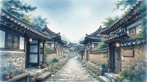 Watercolor illustration of a quiet hanok village alley with stone walls and tiled roofs, wide shot with open space at the top for text, cool blue tones, quiet atmosphere, 16:9 aspect ratio