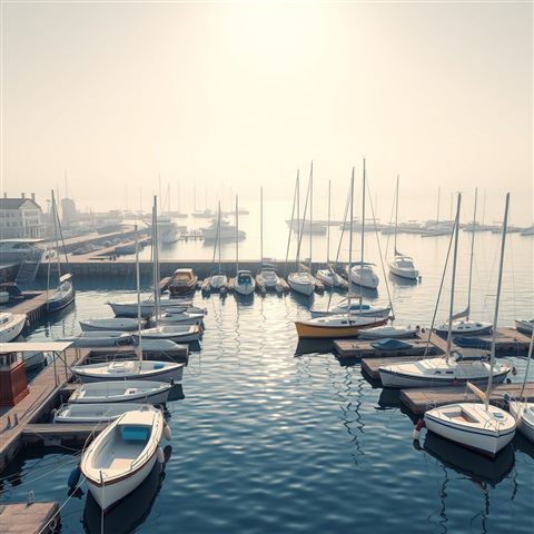 Soft 3D render of A peaceful coastal harbor filled with small docked boats and calm blue water under the morning sun., wide shot with open space at the top for text, misty morning haze, dreamy, 1:1 aspect ratio