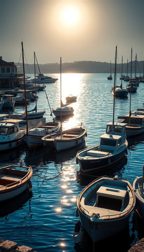 Photorealistic photo of A peaceful coastal harbor filled with small docked boats and calm blue water under the morning sun., close-up detail with shallow depth of field, moody dark tones, dramatic lighting, 9:16 aspect ratio