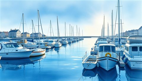 Watercolor illustration of A peaceful coastal harbor filled with small docked boats and calm blue water under the morning sun., close-up detail with shallow depth of field, cool blue tones, quiet atmosphere, 16:9 aspect ratio