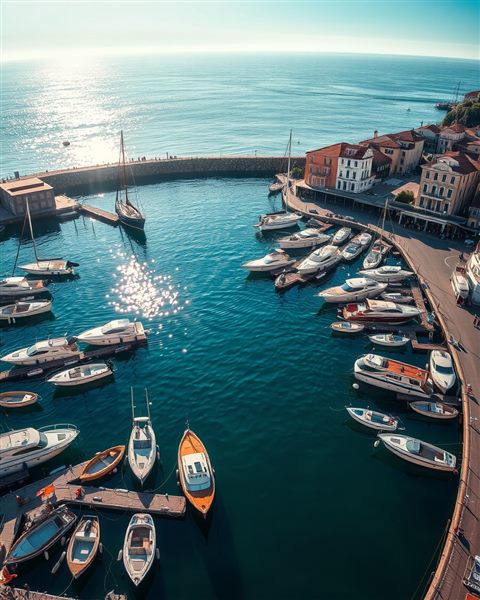 Cinematic film still of A peaceful coastal harbor filled with small docked boats and calm blue water under the morning sun., high-angle view from above, vivid colors, high contrast, energetic, 4:5 aspect ratio