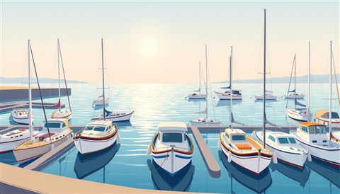 Minimal flat illustration of A peaceful coastal harbor filled with small docked boats and calm blue water under the morning sun., centered subject with a simple uncluttered composition, soft pastel colors, bright and cozy, 16:9 aspect ratio