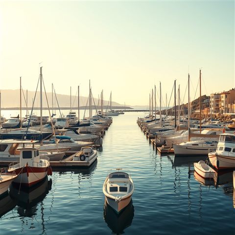 Photorealistic photo of A peaceful coastal harbor filled with small docked boats and calm blue water under the morning sun., wide shot with open space at the top for text, warm golden light, calm mood, 1:1 aspect ratio