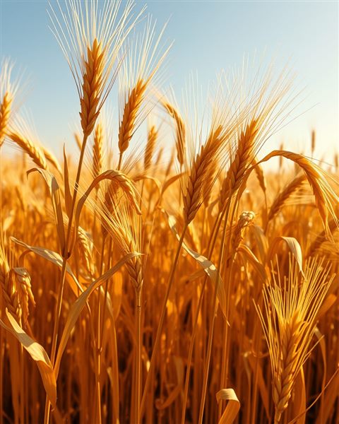 Cinematic film still of Golden wheat stalks ready for harvest swaying gently in a sunlit autumn farm field, centered subject with a simple uncluttered composition, vivid colors, high contrast, energetic, 4:5 aspect ratio