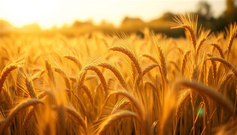 Photorealistic photo of Golden wheat stalks ready for harvest swaying gently in a sunlit autumn farm field, close-up detail with shallow depth of field, warm golden light, calm mood, 16:9 aspect ratio