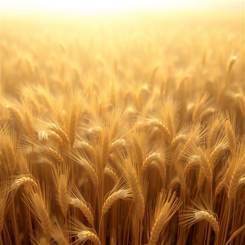 Soft 3D render of Golden wheat stalks ready for harvest swaying gently in a sunlit autumn farm field, high-angle view from above, misty morning haze, dreamy, 1:1 aspect ratio