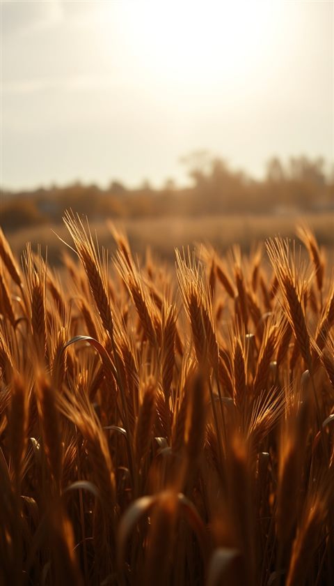 Photorealistic photo of Golden wheat stalks ready for harvest swaying gently in a sunlit autumn farm field, wide shot with open space at the top for text, moody dark tones, dramatic lighting, 9:16 aspect ratio
