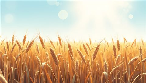 Watercolor illustration of Golden wheat stalks ready for harvest swaying gently in a sunlit autumn farm field, wide shot with open space at the top for text, cool blue tones, quiet atmosphere, 16:9 aspect ratio