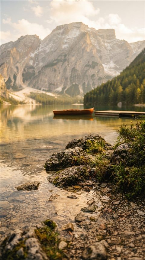 Cinematic film still of ultra detailed majestic mountain lake landscape, close-up detail with shallow depth of field, warm golden light, calm mood, 9:16 aspect ratio