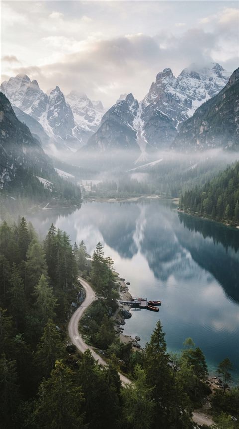 Cinematic film still of ultra detailed majestic mountain lake landscape, high-angle view from above, misty morning haze, dreamy, 9:16 aspect ratio