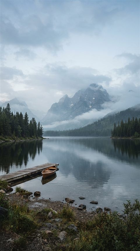 Photorealistic photo of ultra detailed majestic mountain lake landscape, wide shot with open space at the top for text, misty morning haze, dreamy, 9:16 aspect ratio