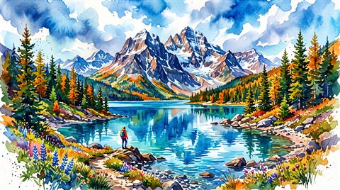 Watercolor illustration of ultra detailed majestic mountain lake landscape, centered subject with a simple uncluttered composition, vivid colors, high contrast, energetic, 16:9 aspect ratio