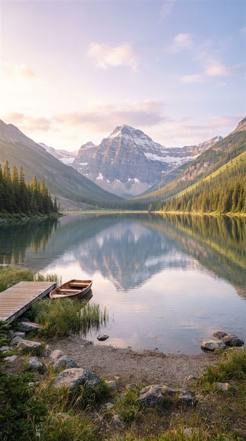 Photorealistic photo of ultra detailed majestic mountain lake landscape, centered subject with a simple uncluttered composition, soft pastel colors, bright and cozy, 9:16 aspect ratio