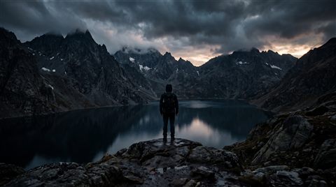 Cinematic film still of ultra detailed majestic mountain lake landscape, centered subject with a simple uncluttered composition, moody dark tones, dramatic lighting, 16:9 aspect ratio