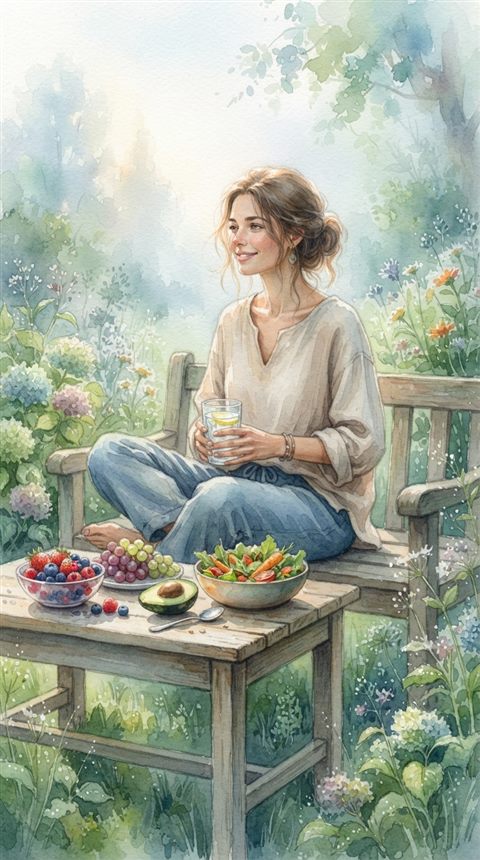Watercolor illustration of healthy lifestyle with fresh food and a glass of water, centered subject with a simple uncluttered composition, misty morning haze, dreamy, 9:16 aspect ratio