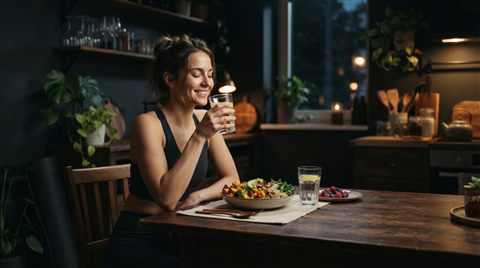 Photorealistic photo of healthy lifestyle with fresh food and a glass of water, wide shot with open space at the top for text, moody dark tones, dramatic lighting, 16:9 aspect ratio