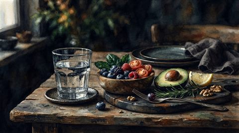 Watercolor illustration of healthy lifestyle with fresh food and a glass of water, close-up detail with shallow depth of field, moody dark tones, dramatic lighting, 16:9 aspect ratio