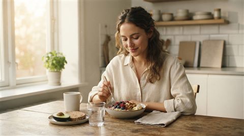 Cinematic film still of healthy lifestyle with fresh food and a glass of water, centered subject with a simple uncluttered composition, warm golden light, calm mood, 16:9 aspect ratio