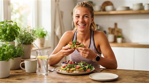 Photorealistic photo of healthy lifestyle with fresh food and a glass of water, centered subject with a simple uncluttered composition, vivid colors, high contrast, energetic, 16:9 aspect ratio
