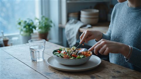 Cinematic film still of healthy lifestyle with fresh food and a glass of water, close-up detail with shallow depth of field, cool blue tones, quiet atmosphere, 16:9 aspect ratio