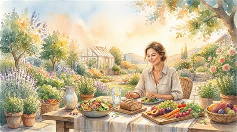 Watercolor illustration of healthy lifestyle with fresh food and a glass of water, wide shot with open space at the top for text, warm golden light, calm mood, 16:9 aspect ratio