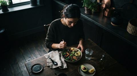 Cinematic film still of healthy lifestyle with fresh food and a glass of water, high-angle view from above, moody dark tones, dramatic lighting, 16:9 aspect ratio
