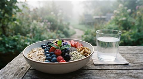 Photorealistic photo of healthy lifestyle with fresh food and a glass of water, close-up detail with shallow depth of field, misty morning haze, dreamy, 16:9 aspect ratio