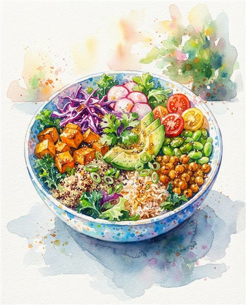 Watercolor illustration of a healthy colorful meal bowl, centered subject with a simple uncluttered composition, vivid colors, high contrast, energetic, 4:5 aspect ratio